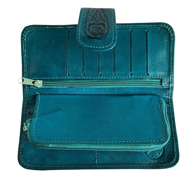 Saly Limon USA Handmade Teal Wallet Floral Tooled Vintage Bohemian Western Style - Picture 5 of 8